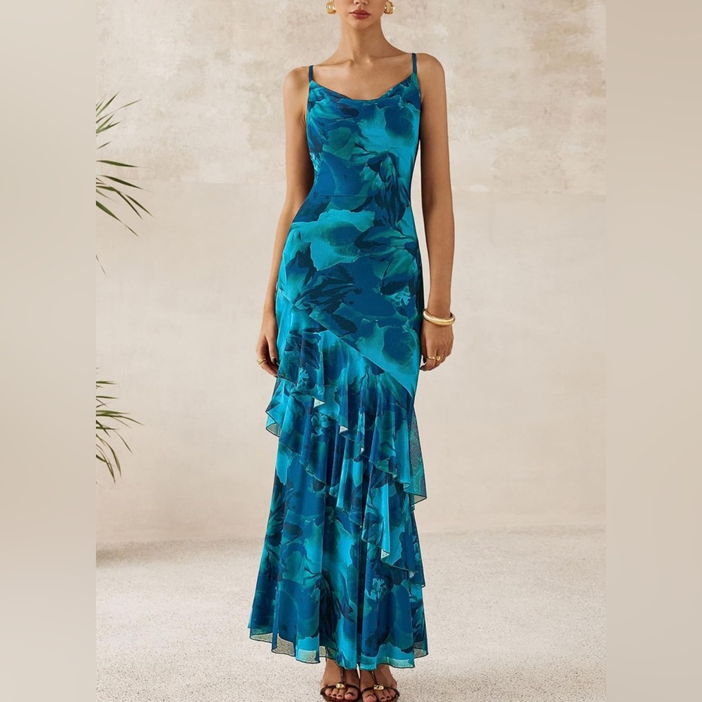 Blue Floral Ruffle Maxi Dress